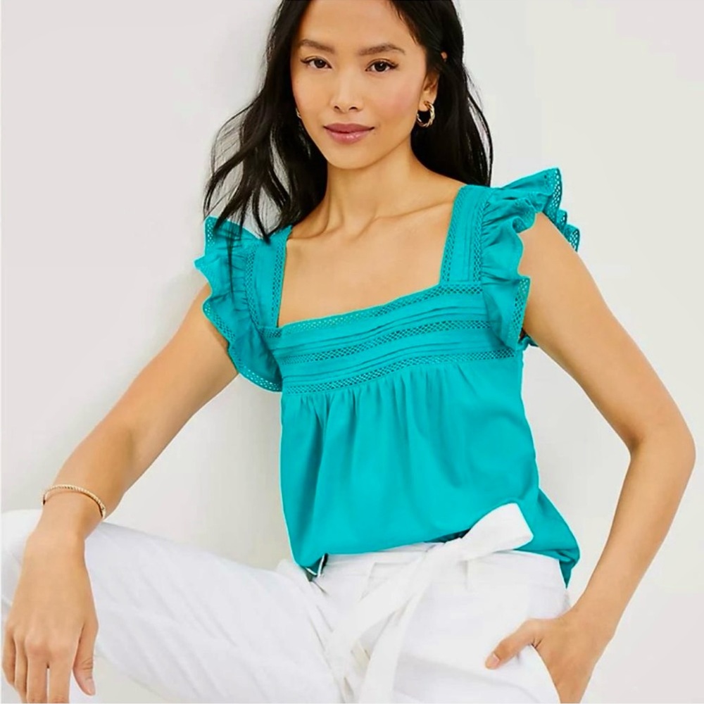 Ann Taylor LOFT Turquoise Blouse with Lace and Flutter Sleeves Women’s Size XL - Picture 3 of 14